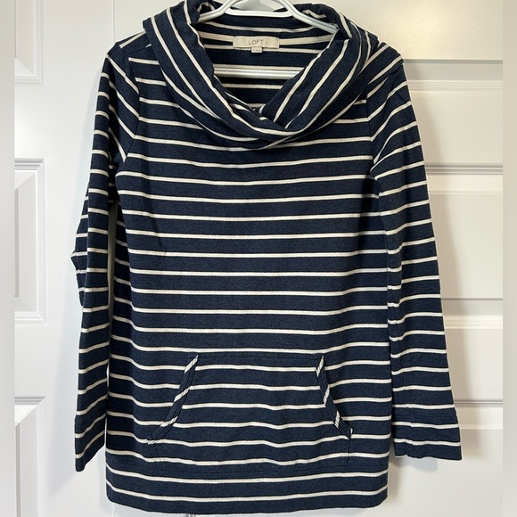 LOFT Blue and White Striped Cowl Neck Sweater - Picture 1 of 4